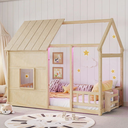 House Floor Bed With 7 Color LED Light Bookshelf