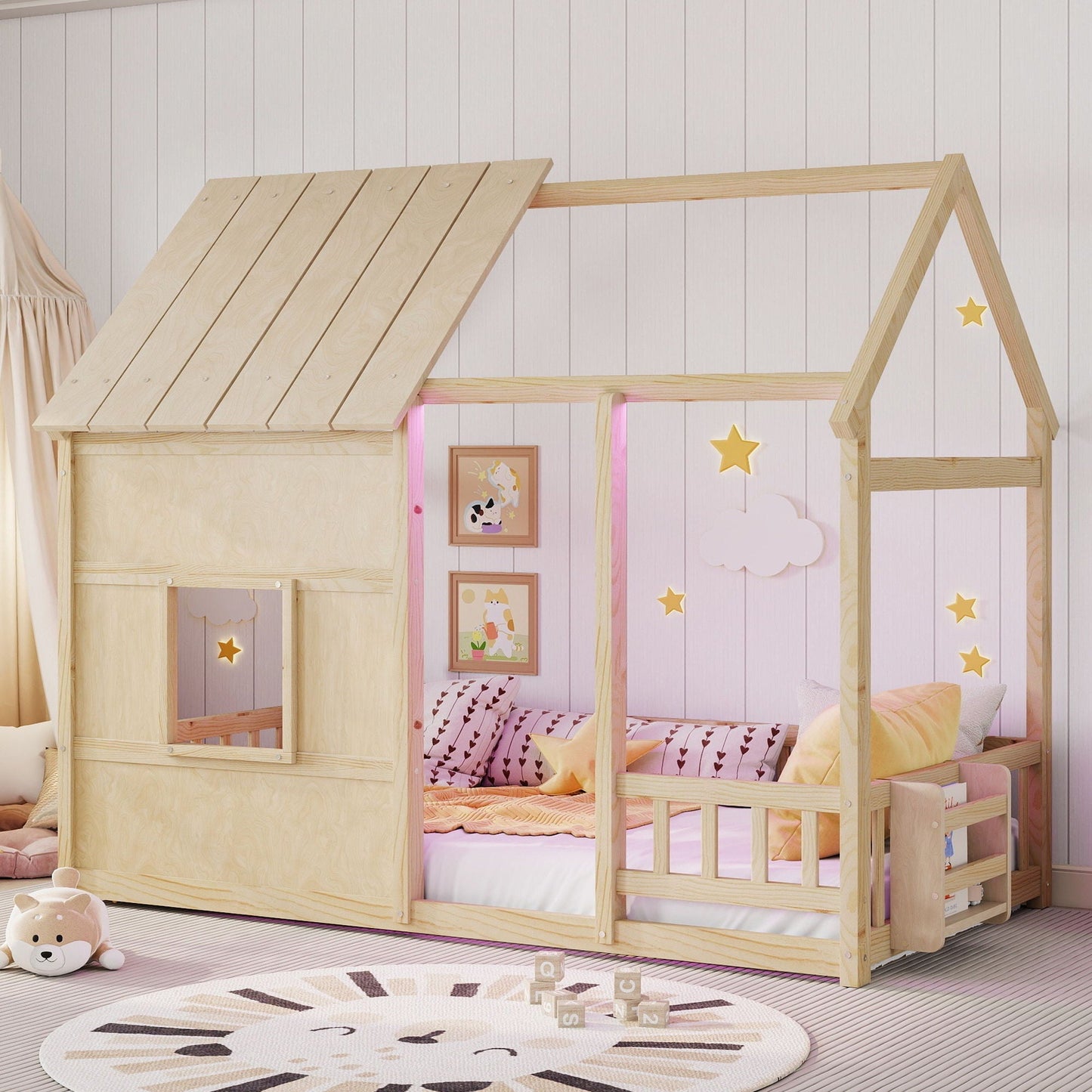 Cozy House Kids Bed with Led Lights and Bookshelf