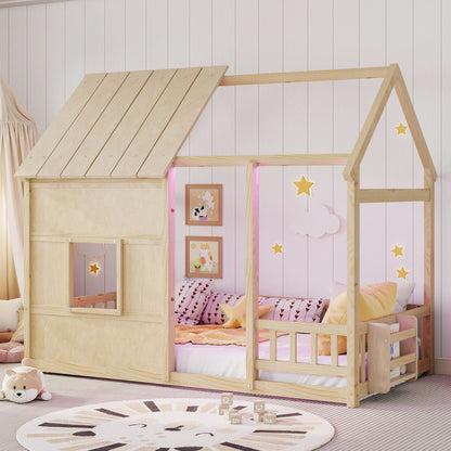 Cozy House Kids Bed with Led Lights and Bookshelf