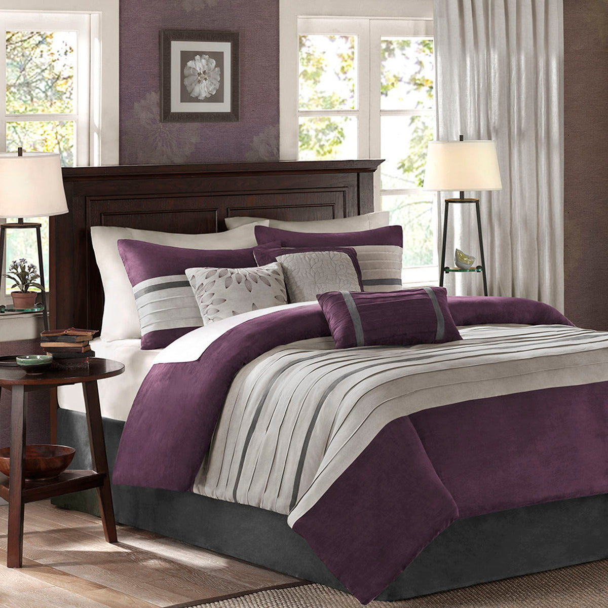 7 PC Pieced Faux Suede Comforter Set Purple King with grey striped accents by HouseOfZazla on Tampa Home & Garden Store