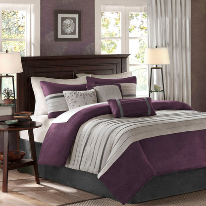 7 PC Pieced Faux Suede Comforter Set Purple King with grey striped accents by HouseOfZazla on Tampa Home & Garden Store