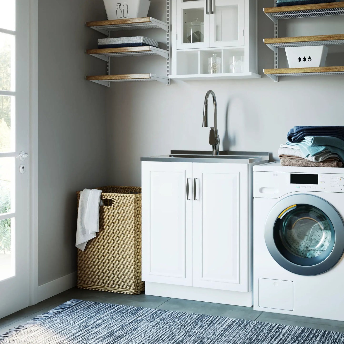 Darwin deluxe laundry vanity with pull-out faucet and stainless steel sink, white cabinet on Tampa Home & Garden Store