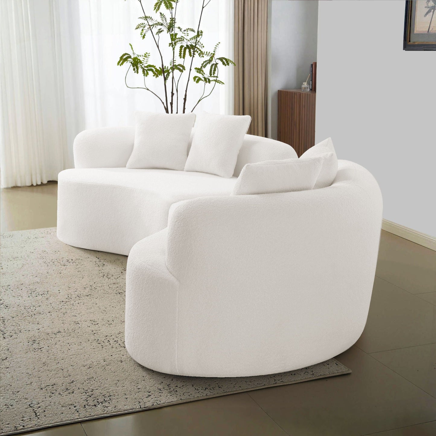 Curved 4 seater full compression sponge sofa in white fabric, modern stationary sofa with plant backdrop on Tampa Home & Garden Store