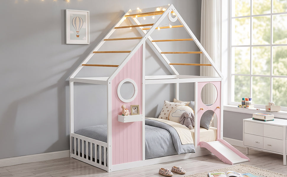 Twin House Bed with Slide - Playhouse Design - Pink, white frame, pink panels, circular window on Tampa Home & Garden Store