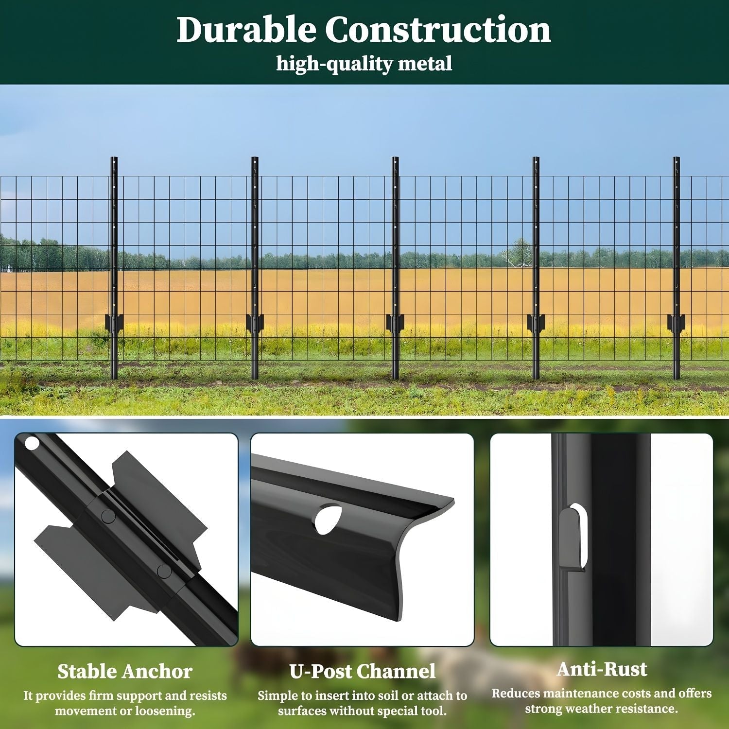 4 ft U-Shaped black metal garden fence posts by HouseOfZazla for wire mesh fencing on Tampa Home & Garden Store