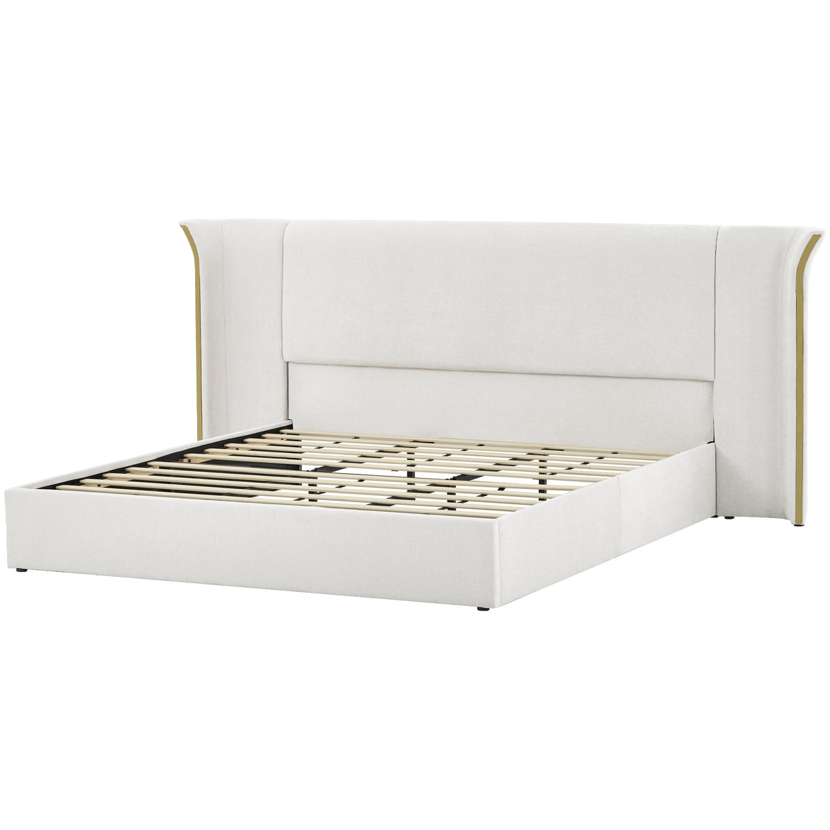 King size beige upholstered bed frame with padded wing-back headboard by HouseOfZazla on Tampa Home & Garden Store