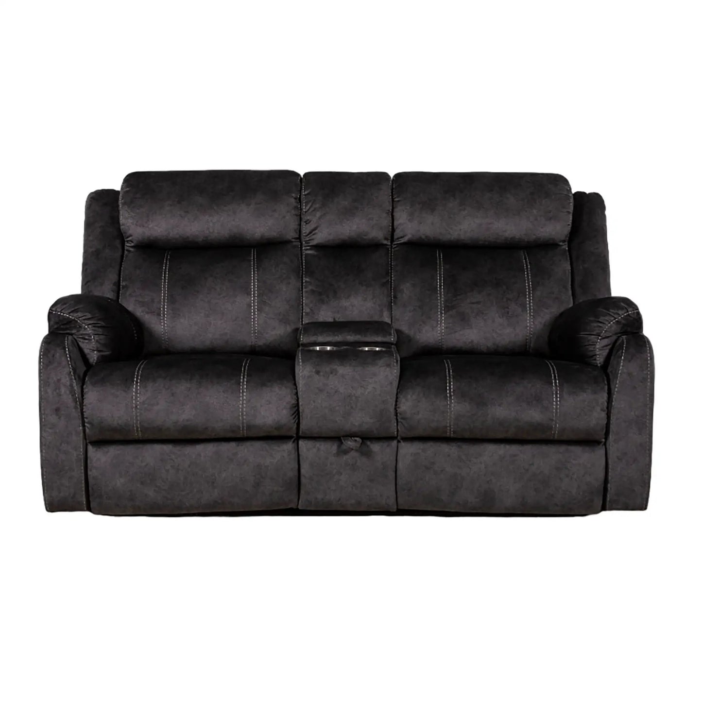 Sonet Domino Recliner Loveseat in dark charcoal fabric with center console and cup holders on Tampa Home & Garden Store
