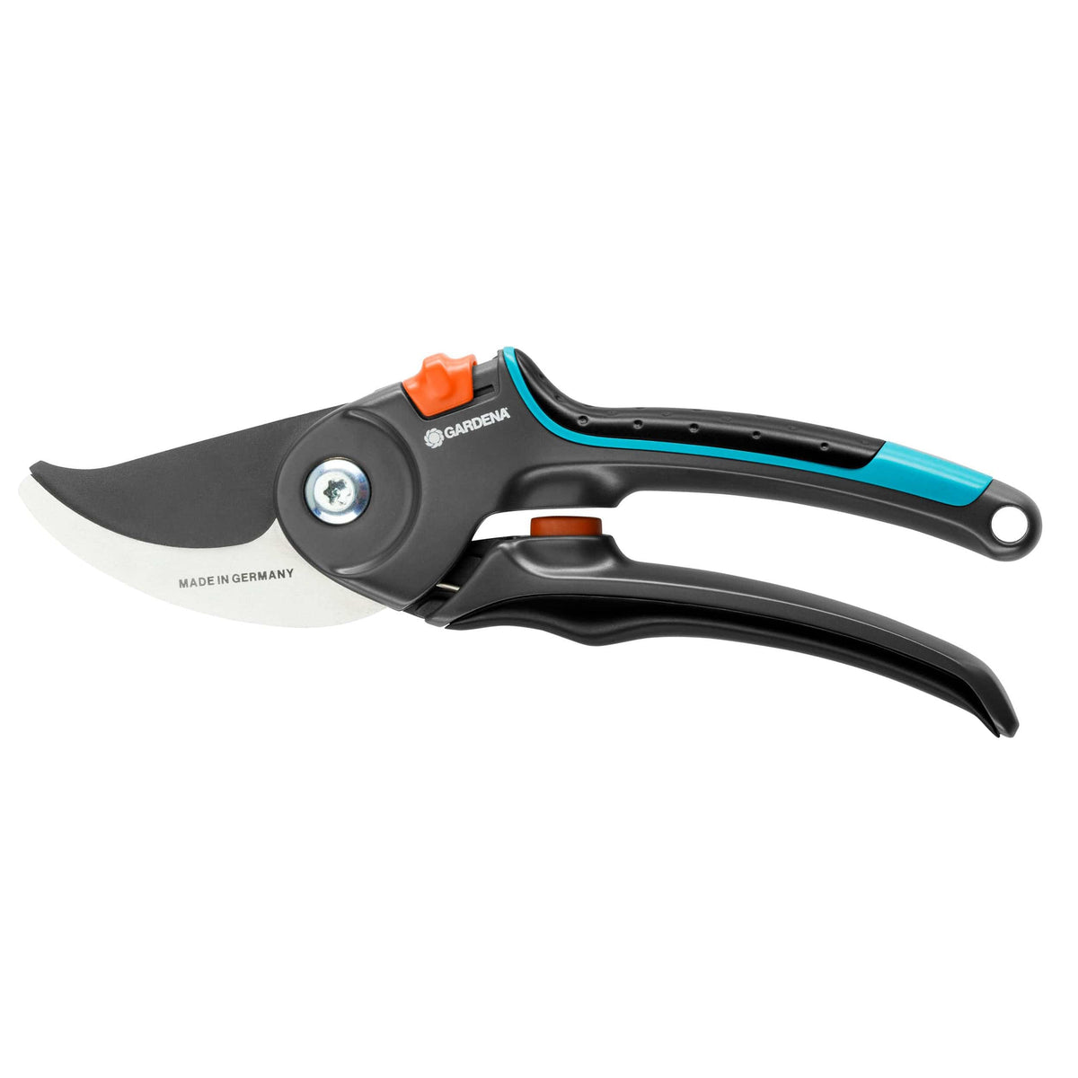 Garden secateurs B/M by Gardena, black handle with teal trim and orange lock on Tampa Home & Garden Store