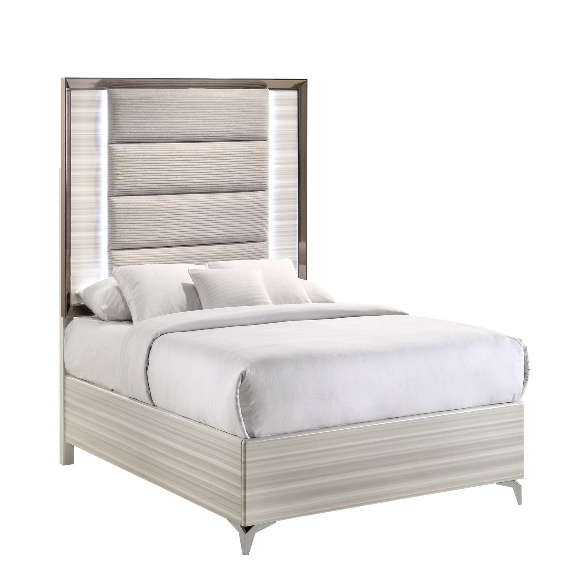 Star LED modern panel bed with beige upholstered headboard and metallic frame on Tampa Home & Garden Store