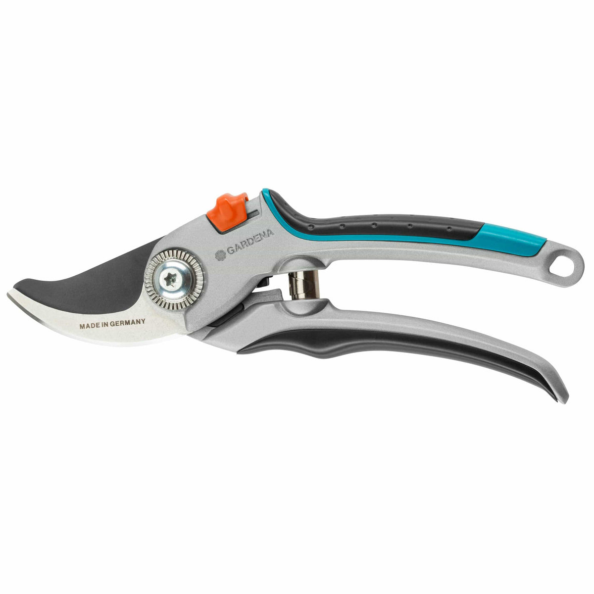 Alu Garden Secateurs B/L by Gardena, aluminum body with turquoise grip and orange lock on Tampa Home & Garden Store