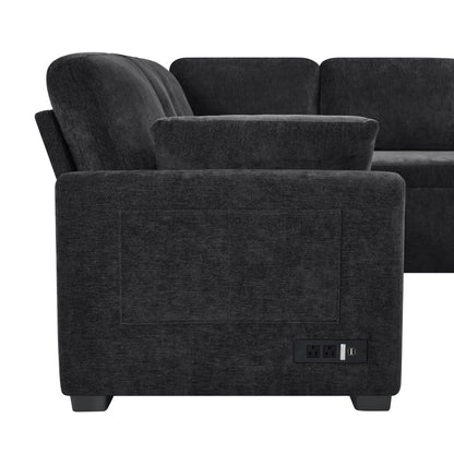 Convertible U-shaped sectional sofa bed in charcoal fabric with reversible chaise and outlets on Tampa Home & Garden Store