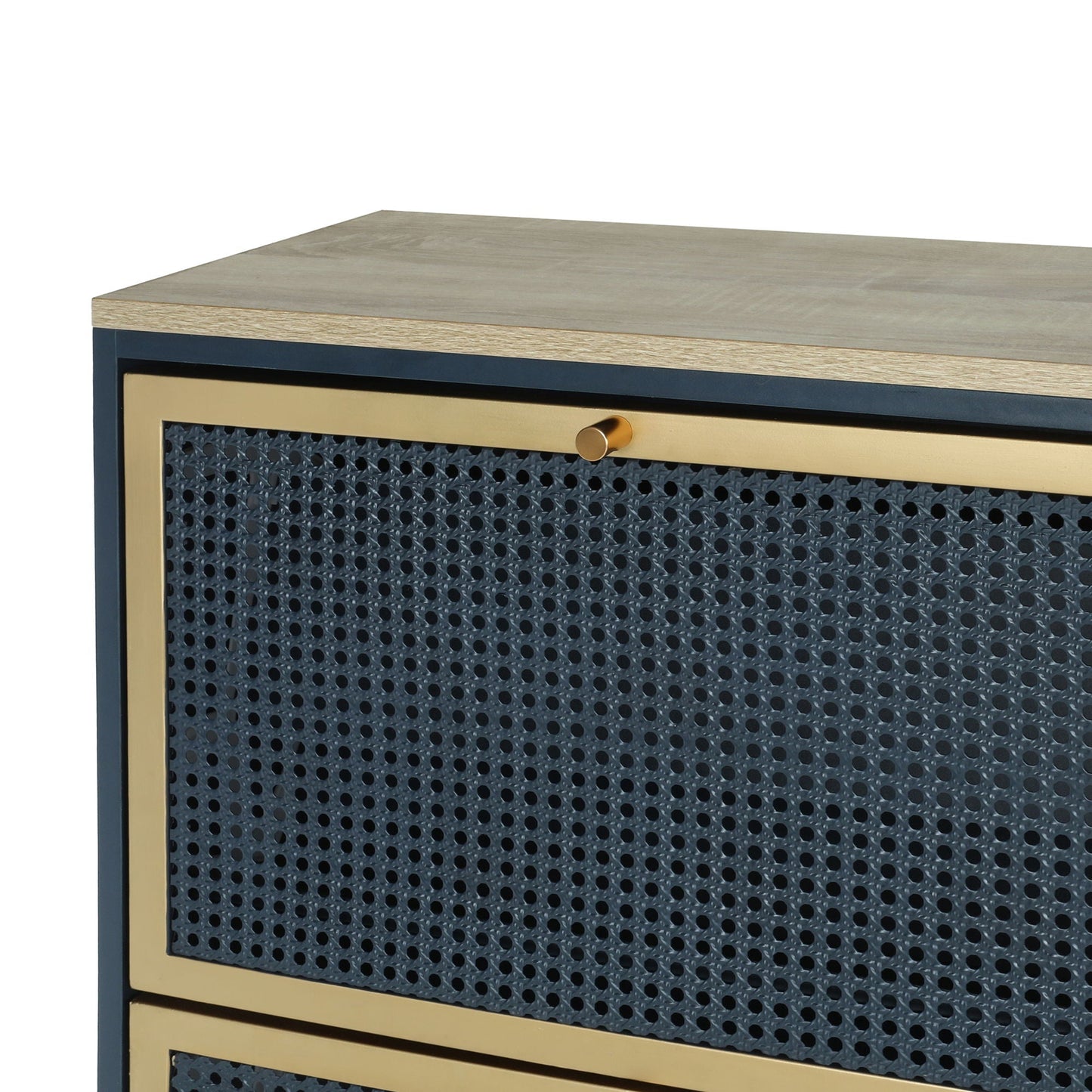 HouseOfZazla Modern Rattan 3-Door Shoe Cabinet with navy frame, wood top, gold trim perforated front on Tampa Home & Garden Store