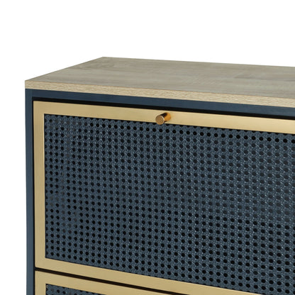 HouseOfZazla Modern Rattan 3-Door Shoe Cabinet with navy frame, wood top, gold trim perforated front on Tampa Home & Garden Store