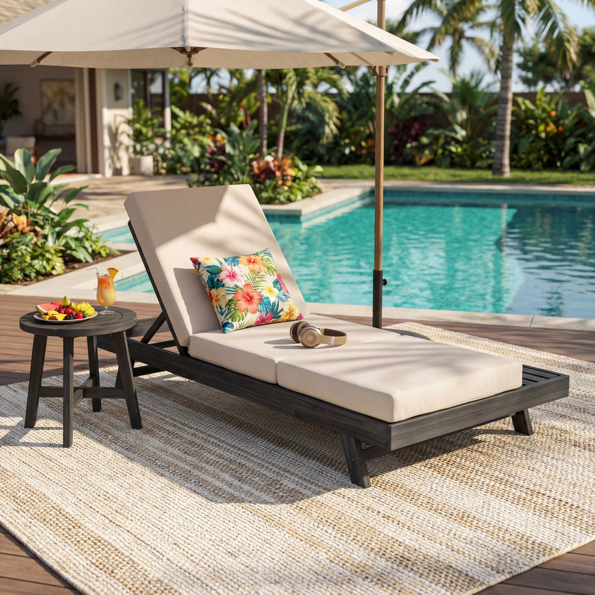 Acacia Wood Outdoor Chaise with Durable Cushion by HouseOfZazla beige cushion poolside scene on Tampa Home & Garden Store