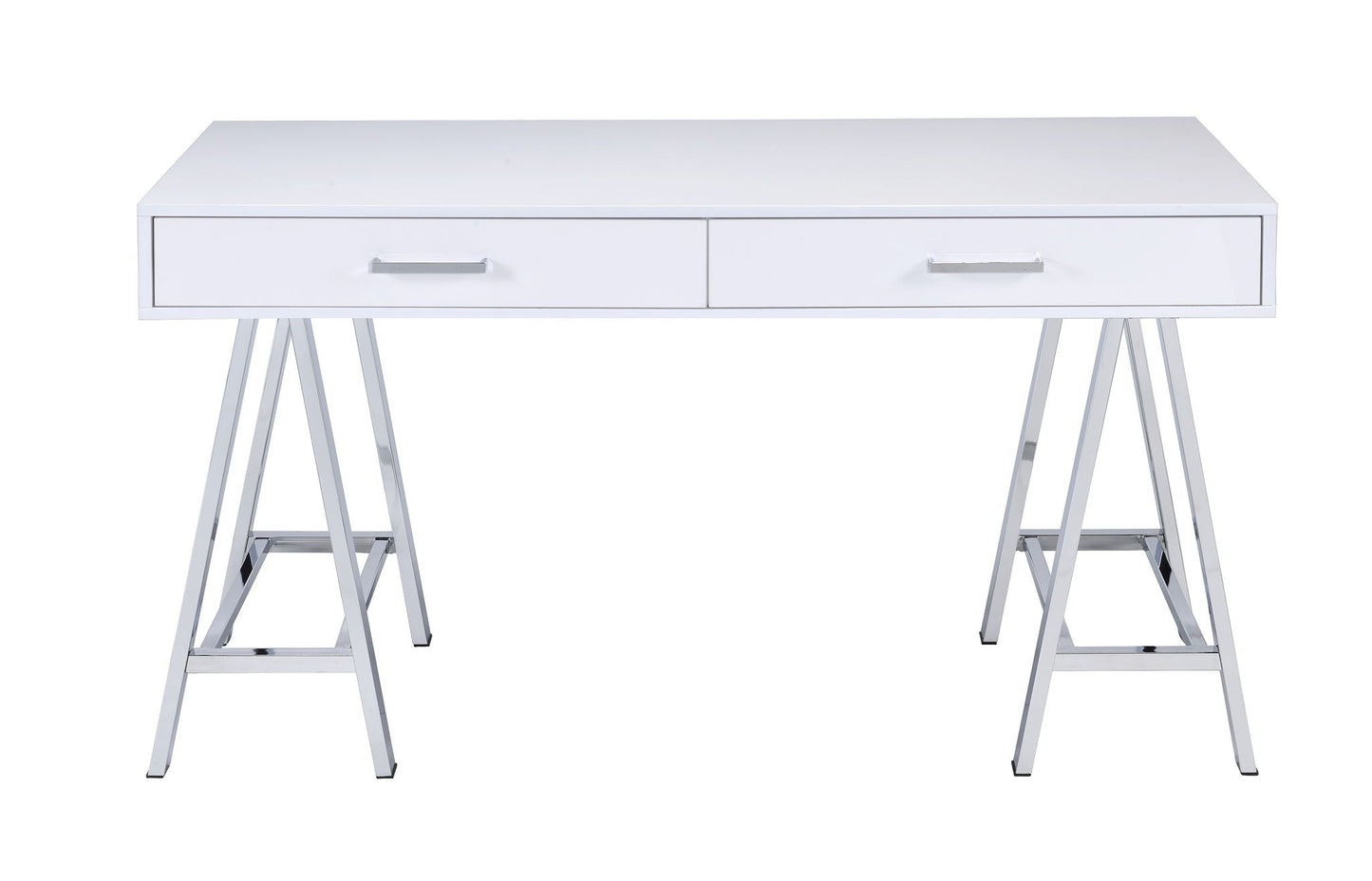 Coleen high-gloss white writing desk with USB, two drawers, chrome handles, metal sawhorse legs on Tampa Home & Garden Store
