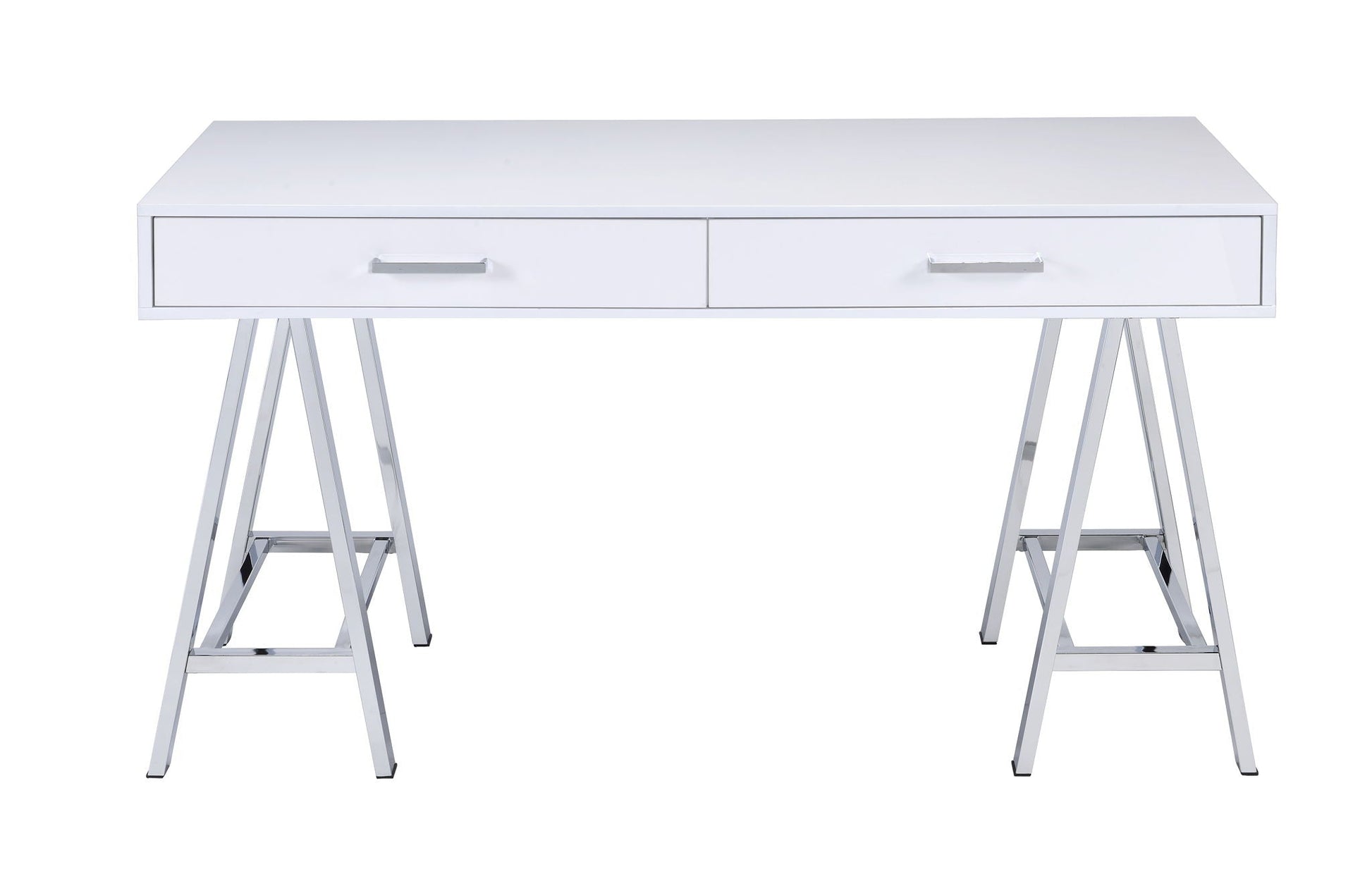 Coleen high-gloss white writing desk with USB, two drawers, chrome handles, metal sawhorse legs on Tampa Home & Garden Store
