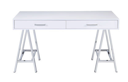 Coleen high-gloss white writing desk with USB, two drawers, chrome handles, metal sawhorse legs on Tampa Home & Garden Store