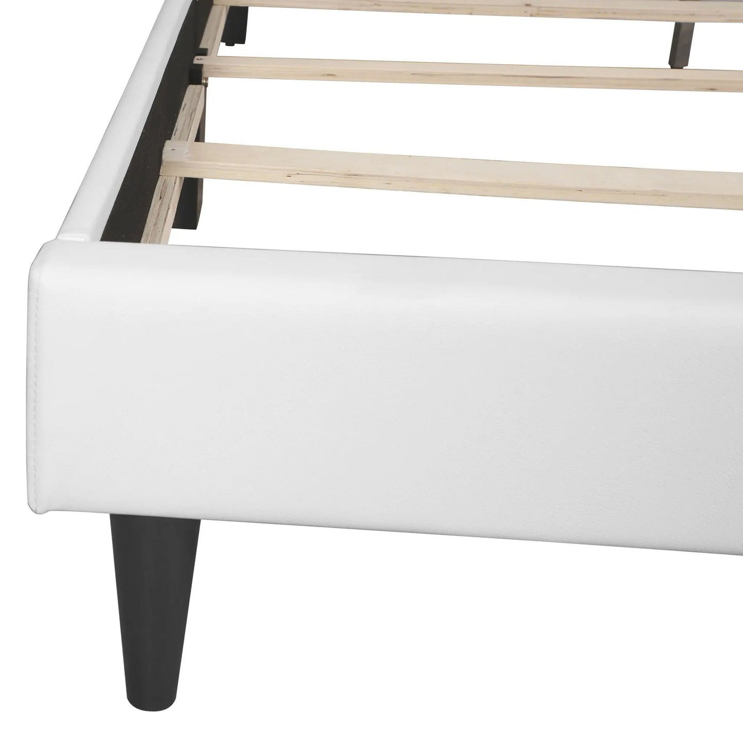 White upholstered bed frame with light wood slats and black legs Unique Piece Furniture on Tampa Home & Garden Store