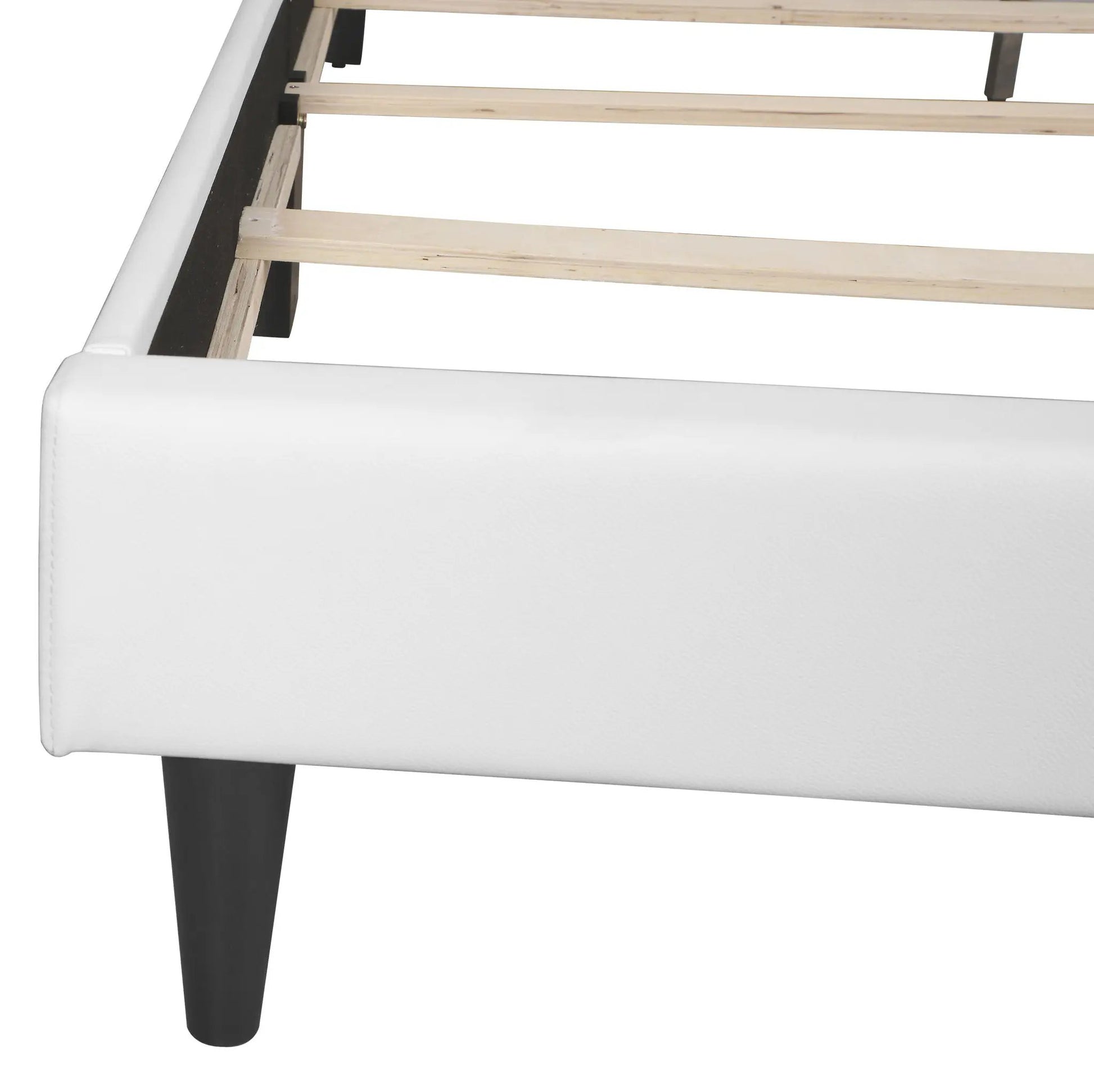 White upholstered bed frame with light wood slats and black legs Unique Piece Furniture on Tampa Home & Garden Store