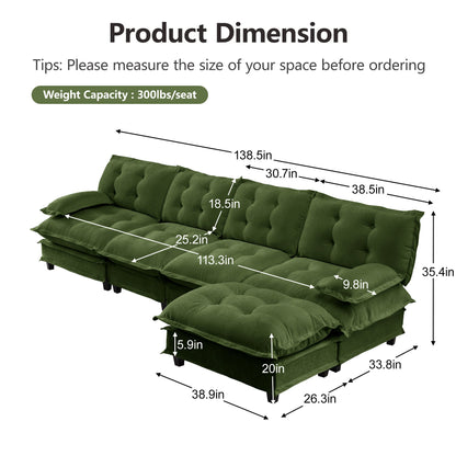 Sofa: Green tufted 138-inch L-shaped modern cloud couch with ottoman by HouseOfZazla on Tampa Home & Garden Store