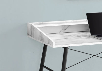 Marble-top computer desk with black angled legs and a laptop, contemporary home office desk on Tampa Home & Garden Store