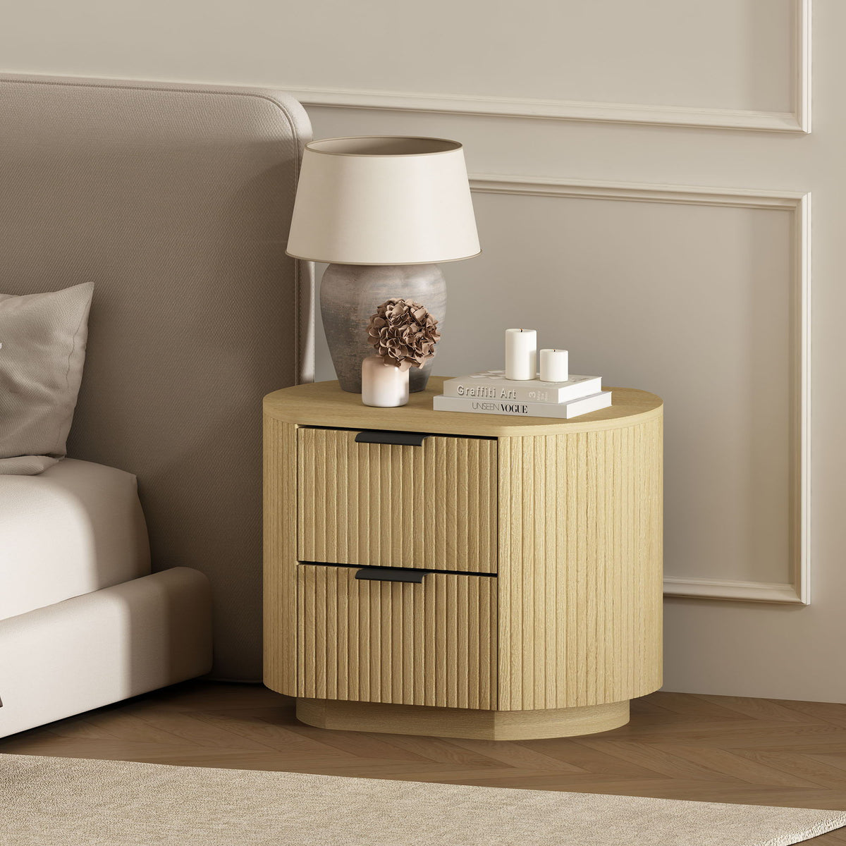 Oak Nightstand with 2 Drawers – Ribbed Texture, natural wood finish by HouseOfZazla on Tampa Home & Garden Store