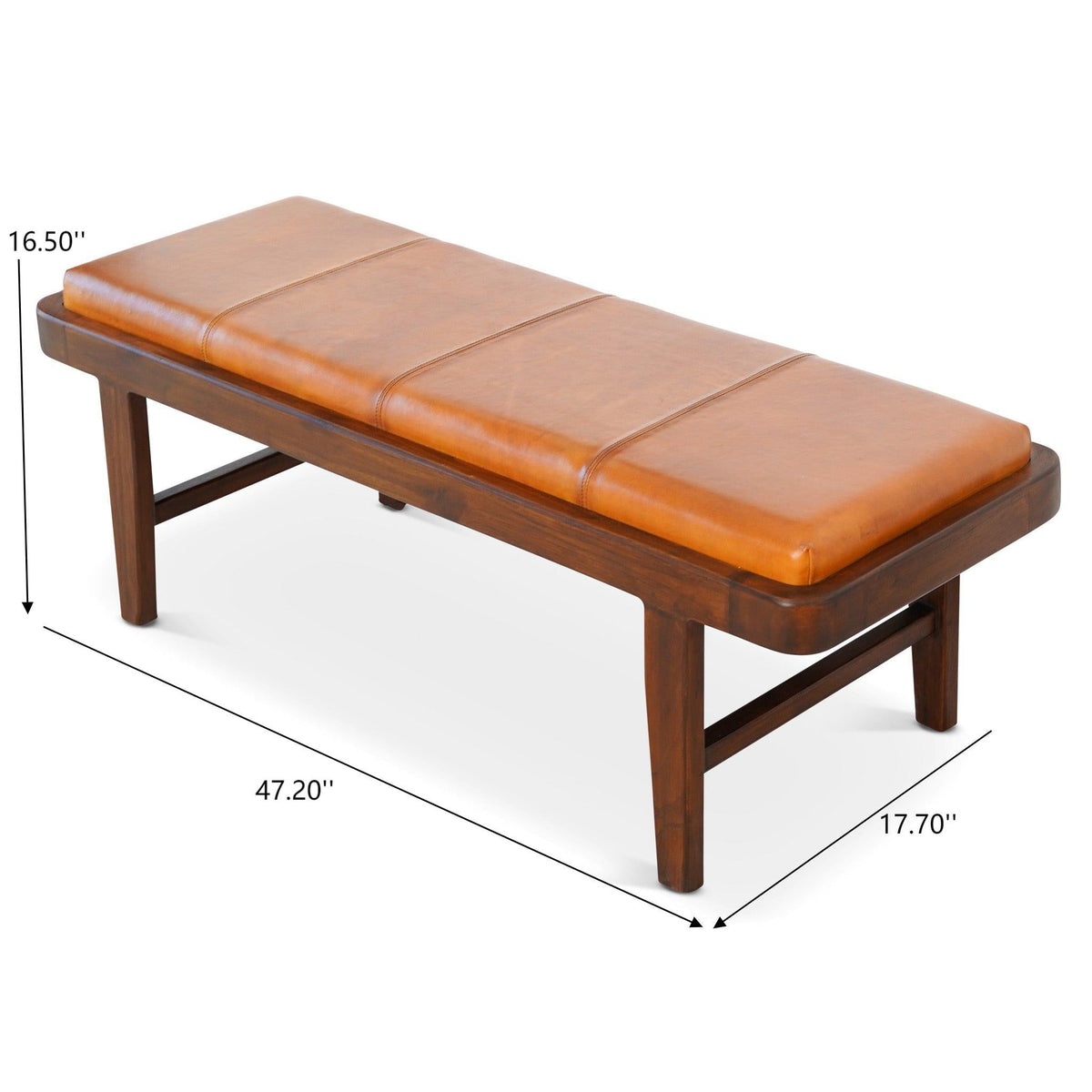 Rustic Upholstered Bench with Genuine Leather Cushion - Tan on dark wood frame on Tampa Home & Garden Store
