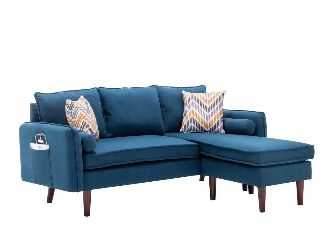 Unique Piece Furniture Mia sectional sofa chaise with USB charger, teal blue fabric with pillows on Tampa Home & Garden Store