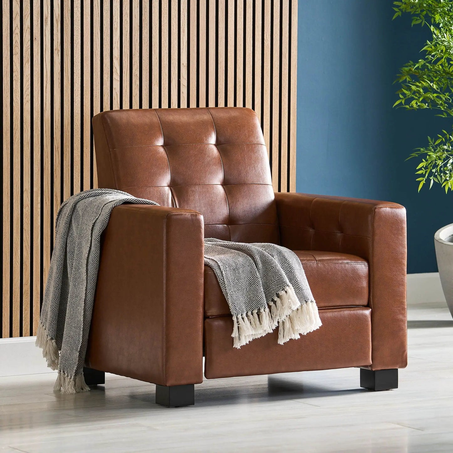 Langseth contemporary tufted pushback recliner brown leather with square black legs on Tampa Home & Garden Store