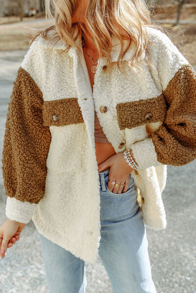 Stevvex sherpa jacket white brown color-block with button closure collared neck retro style on Tampa Home & Garden Store