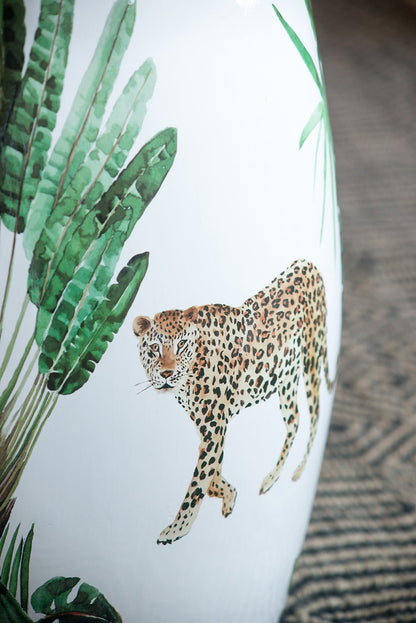13x13x18 ceramic garden stool with leopard print and green palm leaves on white background on Tampa Home & Garden Store