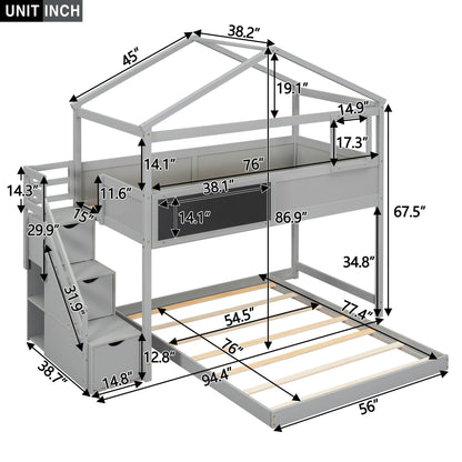 House Style bunk bed with storage staircase and board by HouseOfZazla, gray metal frame on Tampa Home & Garden Store