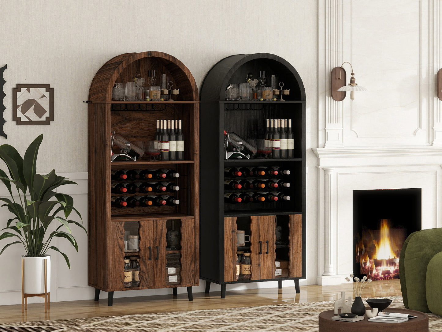 71' Farmhouse Arched Wine Bar Cabinet pair in walnut & black finishes with wine bottles on Tampa Home & Garden Store