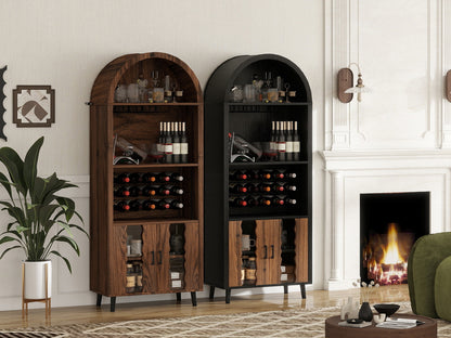 71' Farmhouse Arched Wine Bar Cabinet pair in walnut & black finishes with wine bottles on Tampa Home & Garden Store