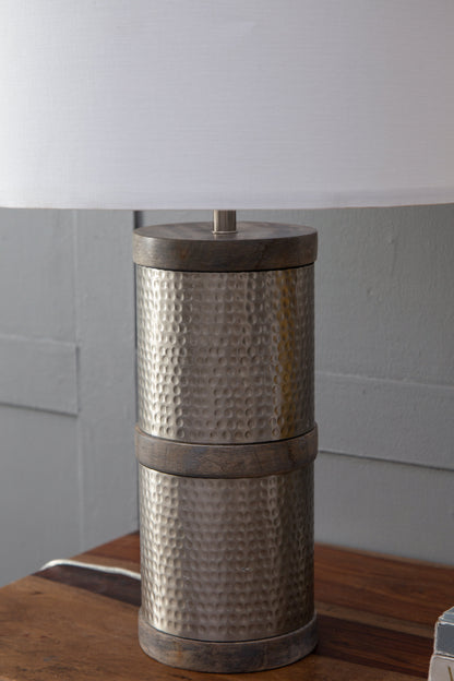 D16x24.4 inch hammered iron table lamp with mango wood rings and a white shade on Tampa Home & Garden Store