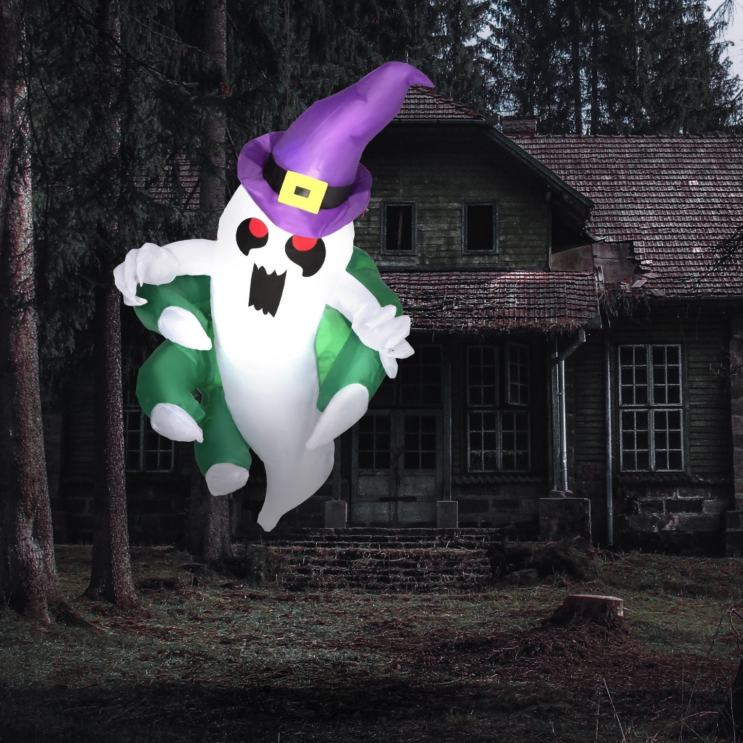 4ft animated ghost inflatable with LED illumination, purple hat, red eyes, cape HouseOfZazla on Tampa Home & Garden Store