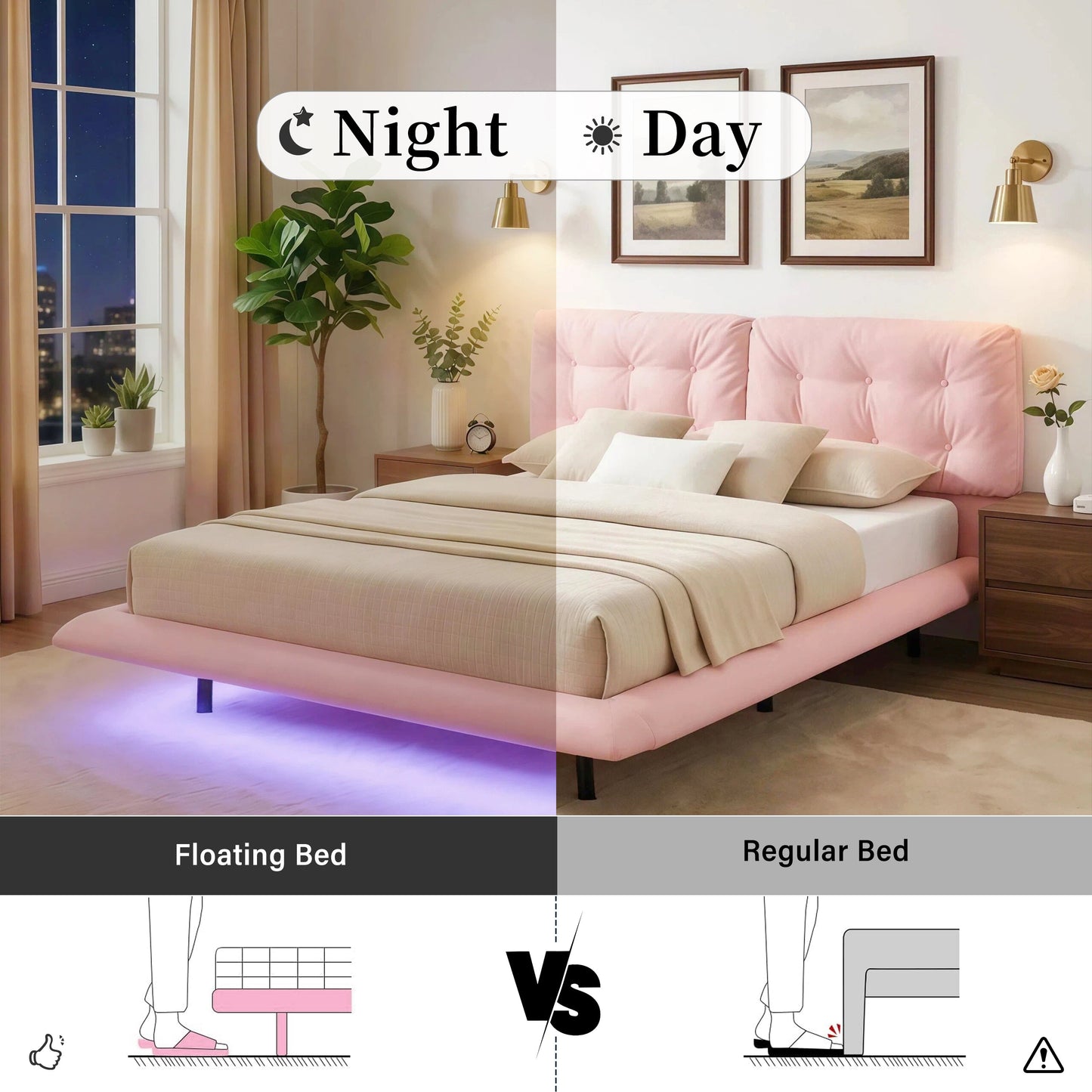 Queen Size Upholstered Bed Frame with Led Lights