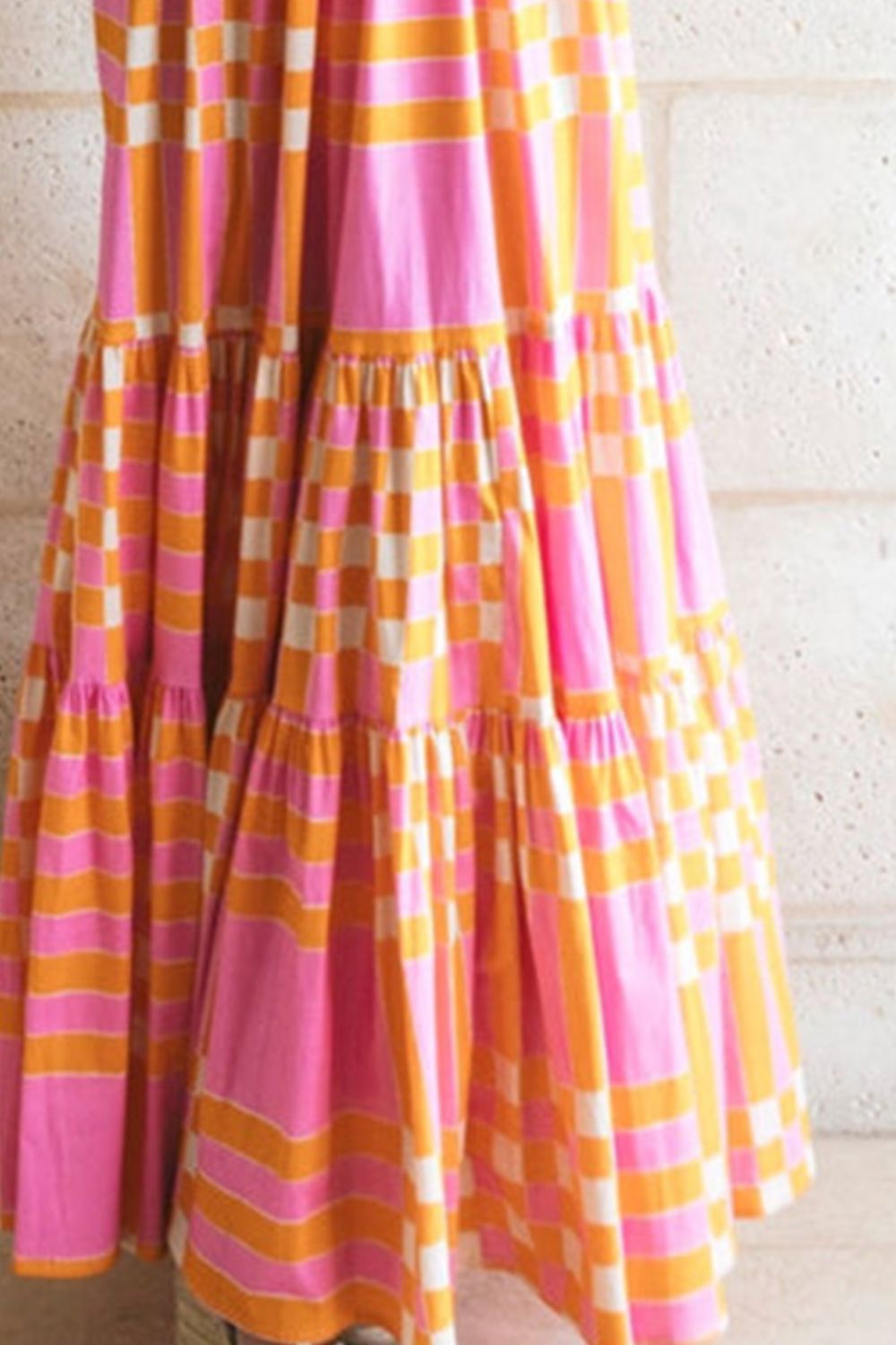 Girls color block tie shoulder dress pink orange yellow checkered pattern with tiered skirt on Tampa Home & Garden Store