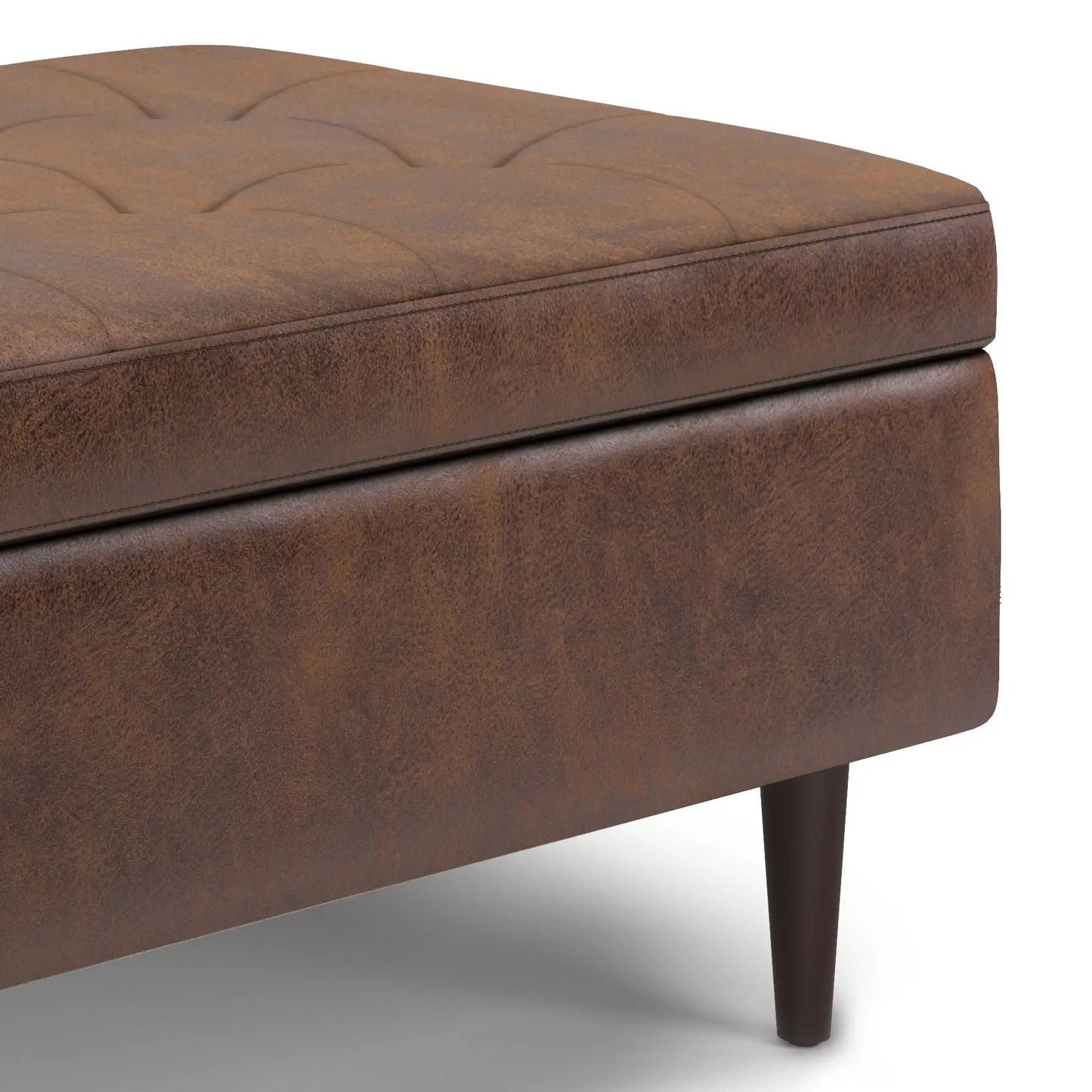 Shay square storage ottoman brown leather with tufted lid and tapered wood leg on Tampa Home & Garden Store