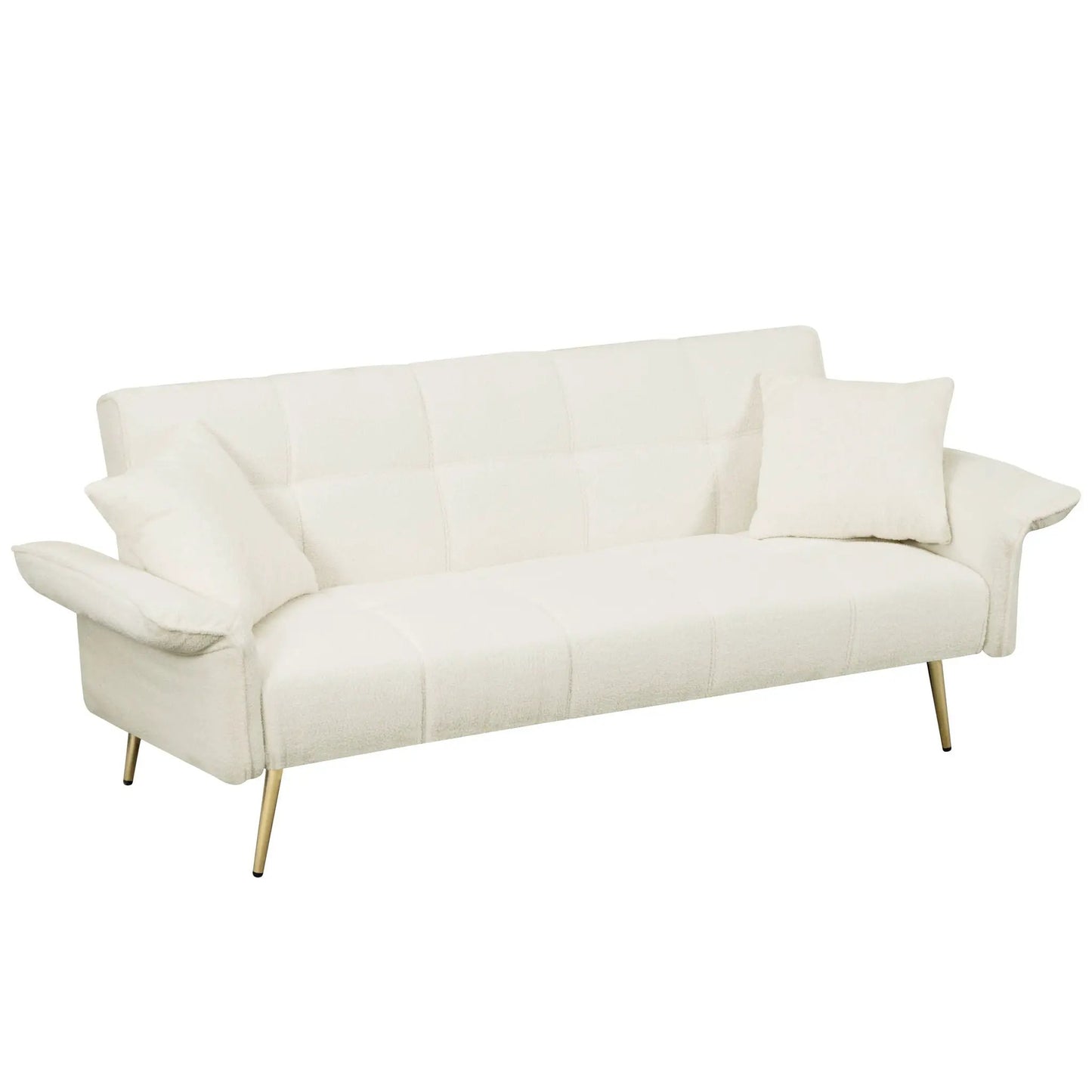 Convertible double futon sofa bed in cream fabric with folding armrests and gold legs on Tampa Home & Garden Store