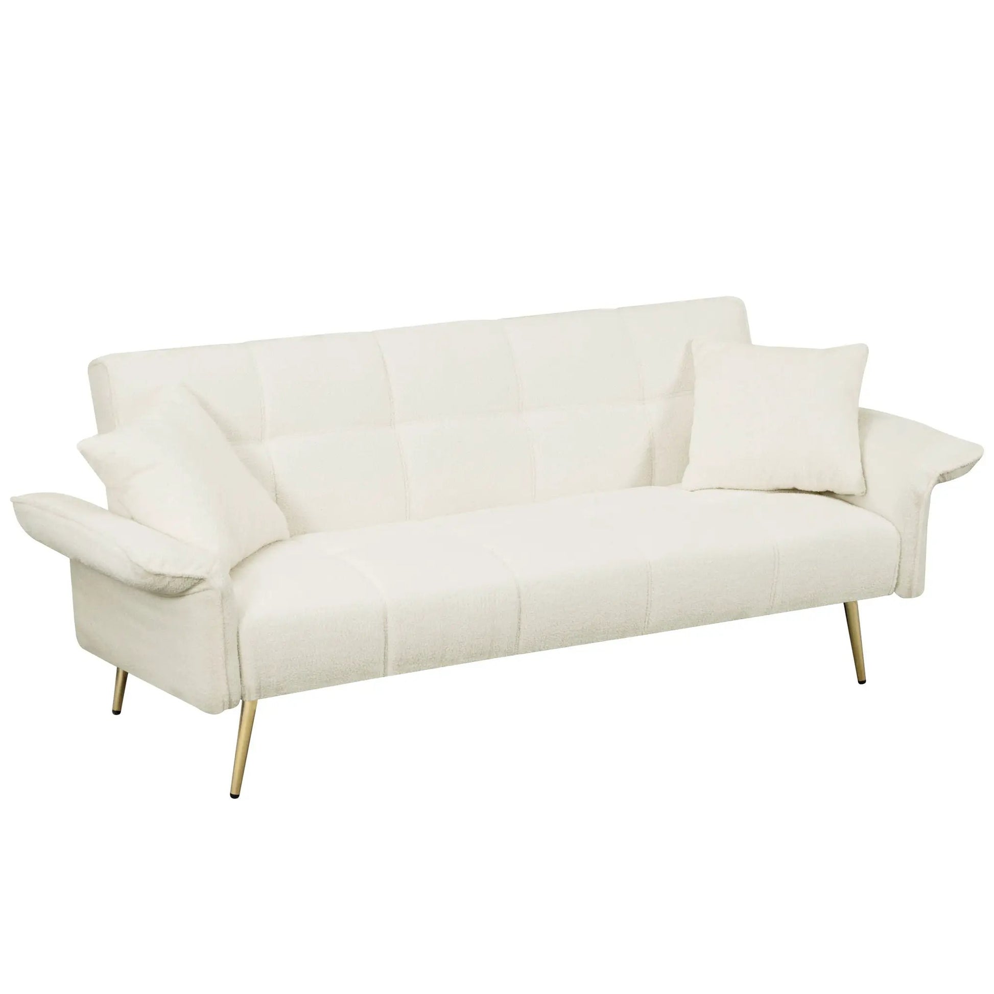 Convertible double futon sofa bed in cream fabric with folding armrests and gold legs on Tampa Home & Garden Store