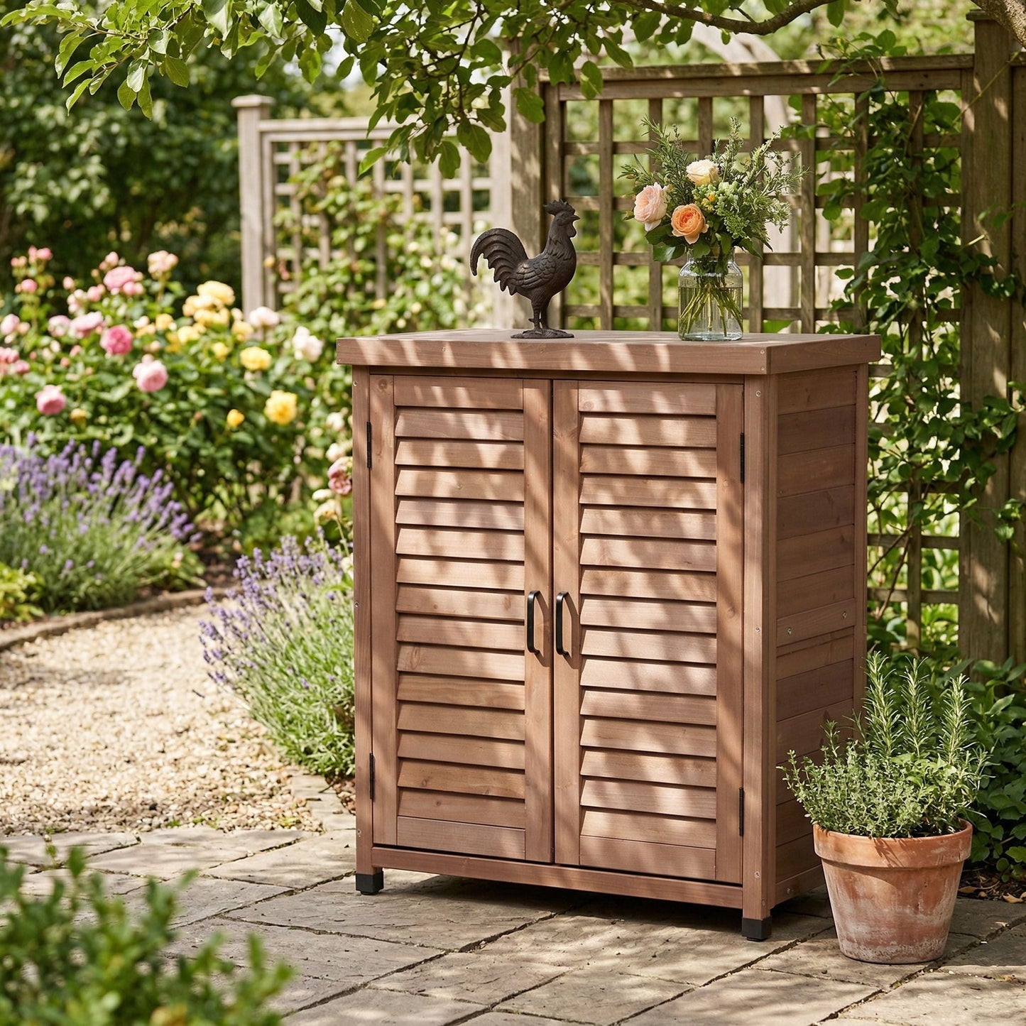 Potting bench with storage cabinet and metal top for outdoor, brown wooden garden unit on Tampa Home & Garden Store