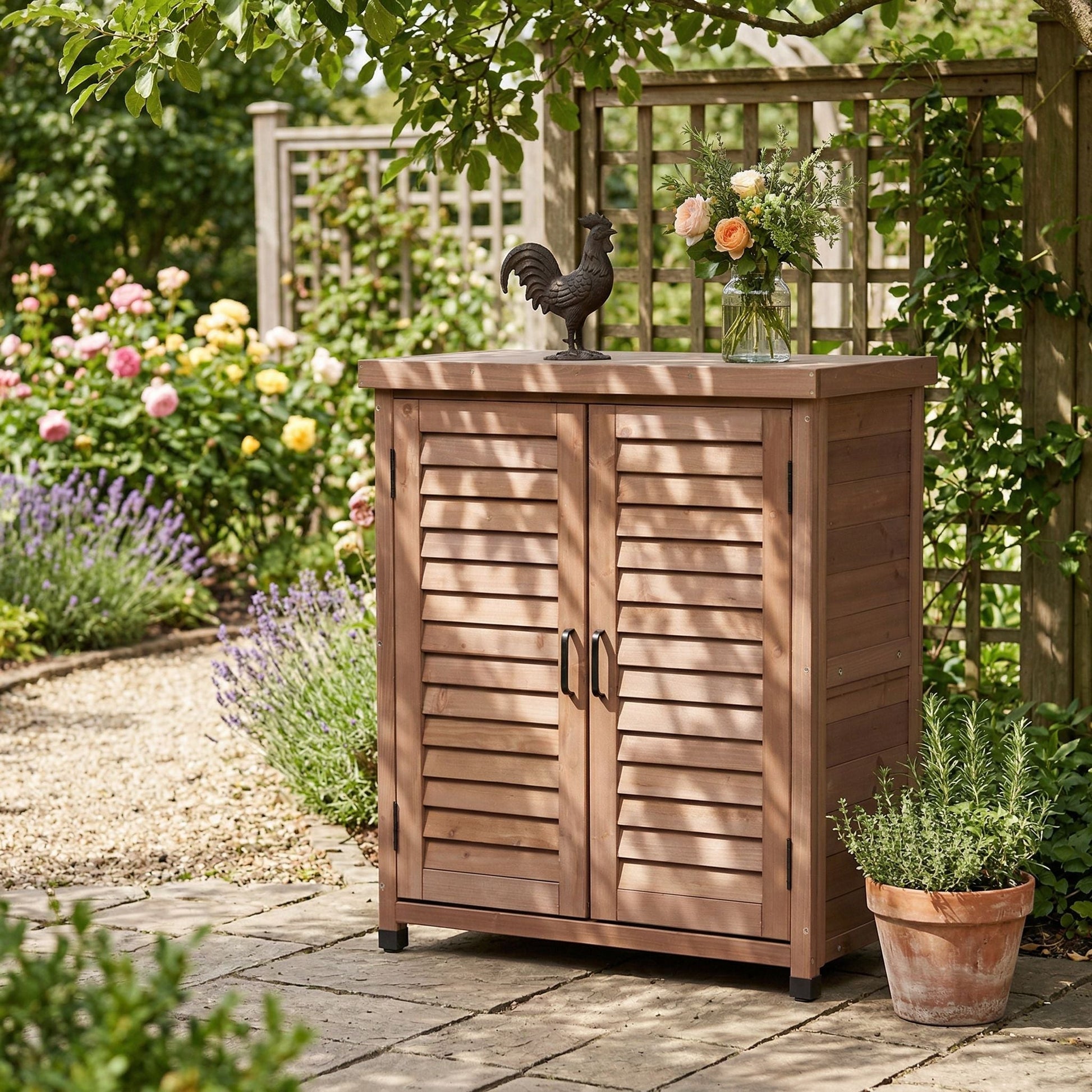 Potting bench with storage cabinet and metal top for outdoor, brown wooden garden unit on Tampa Home & Garden Store