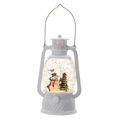 White plastic Christmas lantern with snowman and tree; LED water-spinning 6-hour timer on Tampa Home & Garden Store
