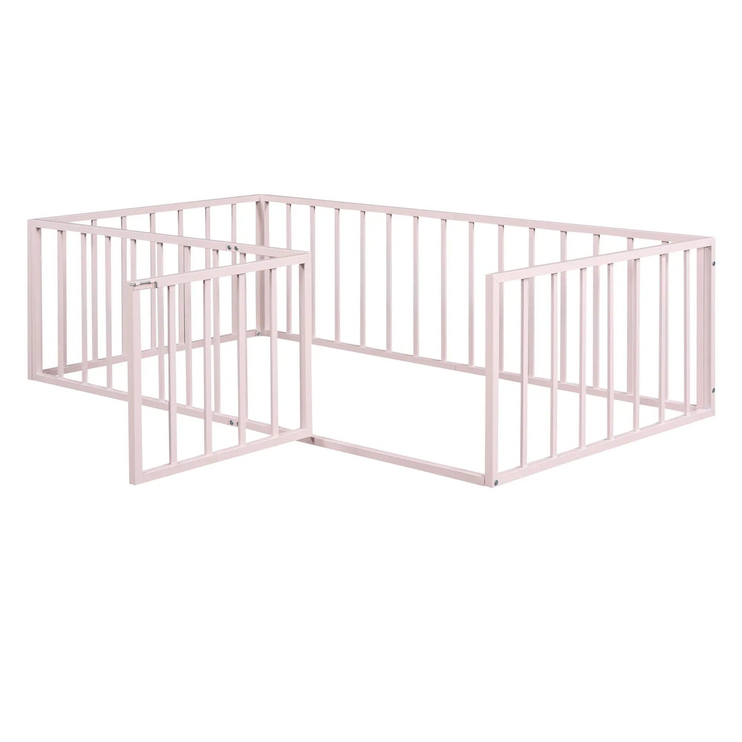Metal floor bed frame with fence and door, pink powder-coated steel, Unique Piece Furniture on Tampa Home & Garden Store