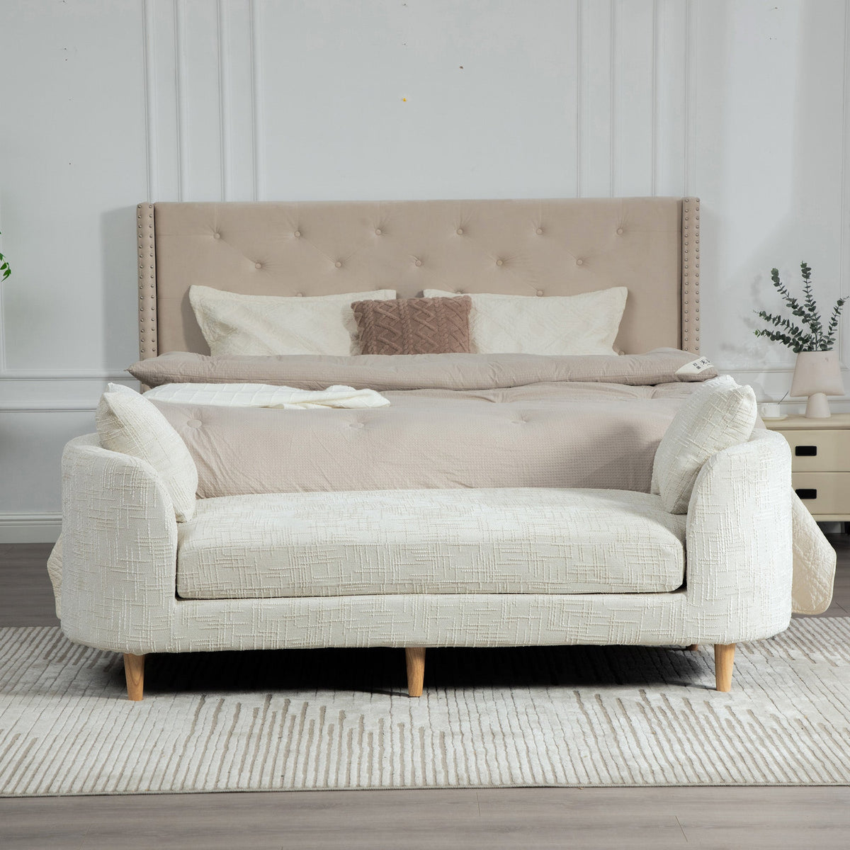 End-of-bed bench in beige upholstery with tufting and nailhead trim, wooden legs 77.17-inch wide on Tampa Home & Garden Store