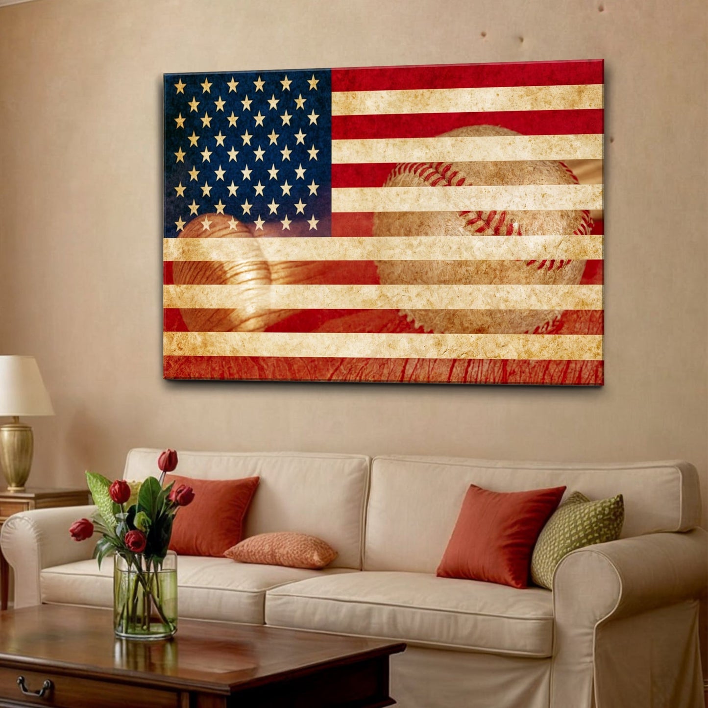 American Pastime Sport Wall Art canvas by Tailored Canvases; distressed flag with baseball on Tampa Home & Garden Store