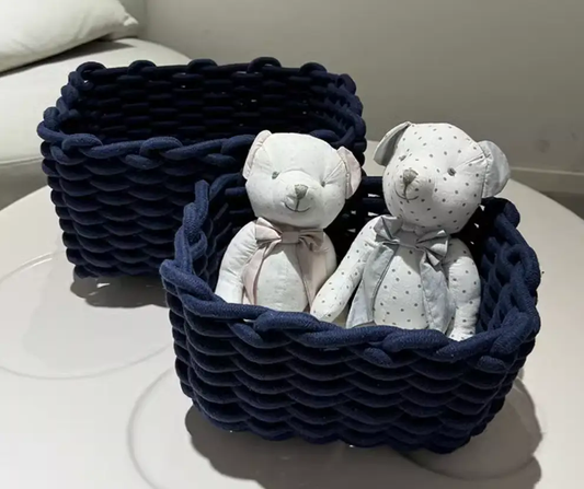Hand woven cotton rope baskets navy blue 3-piece set with two teddy bears in foreground on Tampa Home & Garden Store