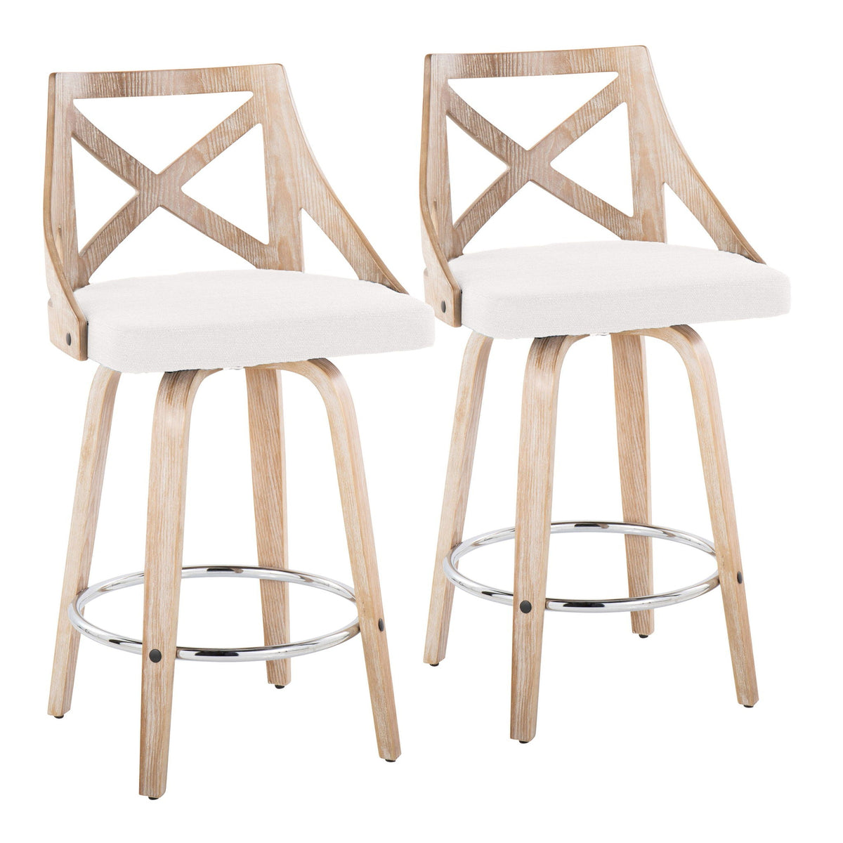 Farmhouse fixed-height counter stools set of 2 with natural wood frames and X-back beige seats on Tampa Home & Garden Store