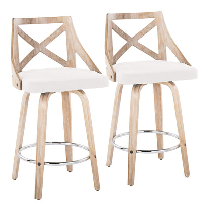 Farmhouse fixed-height counter stools set of 2 with natural wood frames and X-back beige seats on Tampa Home & Garden Store